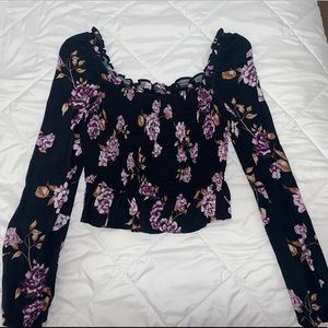 Floral black long sleeve crop top